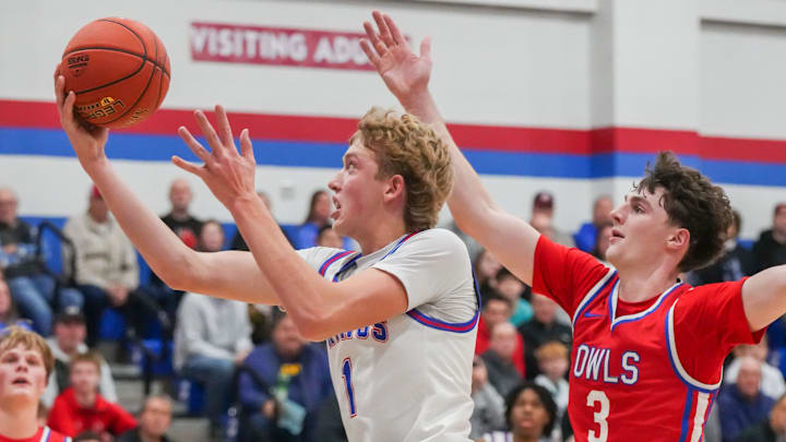 Wisconsin Lutheran's Kager Knueppel (1) drives in for a layup during the game against Slinger at Wisconsin Lutheran High School, in Milwaukee, Wisconsin, Dec. 9, 2025. Wisconsin Lutheran won the game, 68-46.