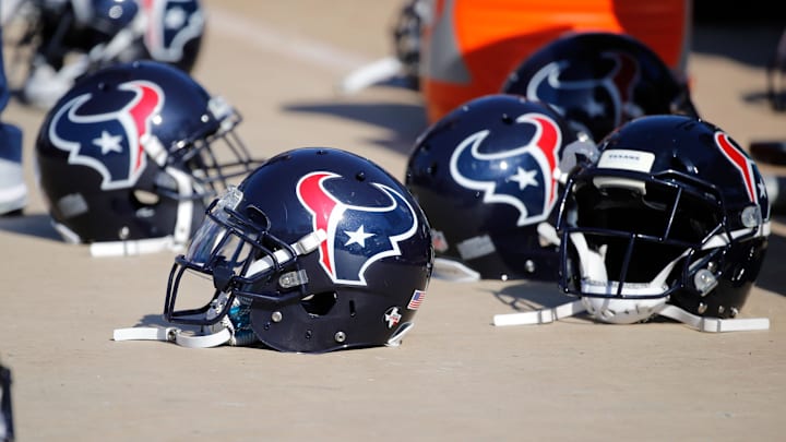 Dec 17, 2017; Jacksonville, FL, USA; Houston Texans helmets lay on the field during the first quarter at EverBank Field. Mandatory Credit: Kim Klement-Imagn Images