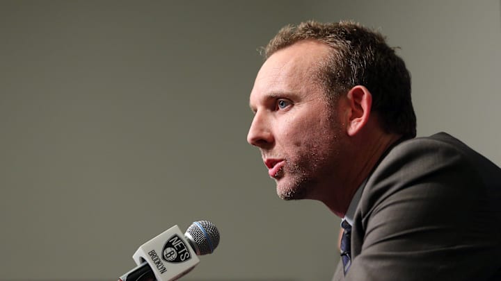 Feb 19, 2016; Brooklyn, NY, USA; Brooklyn Nets new general manager Sean Marks speaks to the media during a press conference before a game against the New York Knicks at Barclays Center. Mandatory Credit: Brad Penner-Imagn Images Feb 19, 2016; Brooklyn, NY, USA; Brooklyn Nets new general manager Sean Marks speaks to the media during a press conference before a game against the New York Knicks at Barclays Center. Mandatory Credit: Brad Penner-Imagn Images