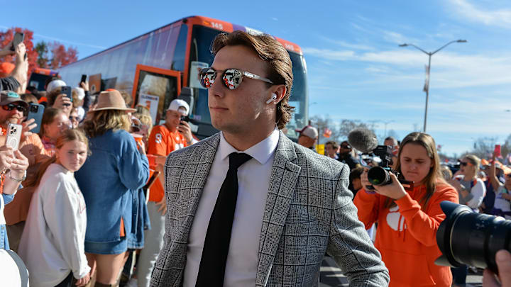 Nov 9, 2024; Blacksburg, Virginia, USA; Clemson Tigers quarterback Cade Klubnik (2) as he enters the stadium before the game against the Virginia Tech Hokies at Lane Stadium. Mandatory Credit: Brian Bishop-Imagn Images Nov 9, 2024; Blacksburg, Virginia, USA; Clemson Tigers quarterback Cade Klubnik (2) as he enters the stadium before the game against the Virginia Tech Hokies at Lane Stadium. Mandatory Credit: Brian Bishop-Imagn Images