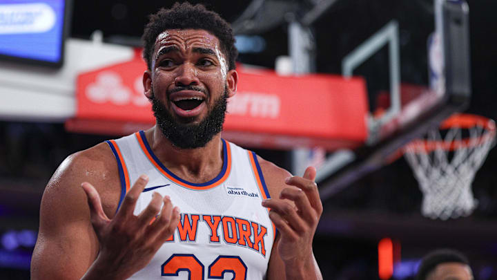 Jan 7, 2026; New York, New York, USA; New York Knicks center Karl-Anthony Towns (32) reacts during the second half against the LA Clippers at Madison Square Garden. Mandatory Credit: Vincent Carchietta-Imagn Images