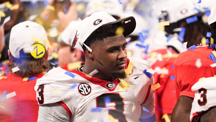 Dec 6, 2025; Atlanta, GA, USA; Georgia Bulldogs linebacker CJ Allen (3) celebrates after the game against the Alabama Crimson Tide during the 2025 SEC Championship game at Mercedes-Benz Stadium. Mandatory Credit: Dale Zanine-Imagn Images