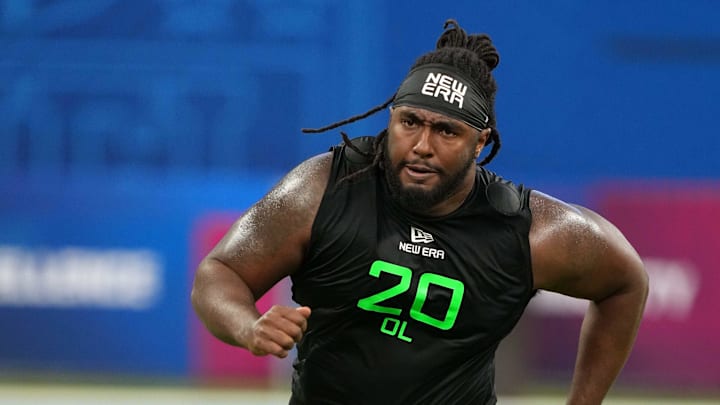 Mar 2, 2025; Indianapolis, IN, USA; Ohio State offensive lineman Donovan Jackson (OL20) during the 2025 NFL Scouting Combine at Lucas Oil Stadium. Mandatory Credit: Kirby Lee-Imagn Images