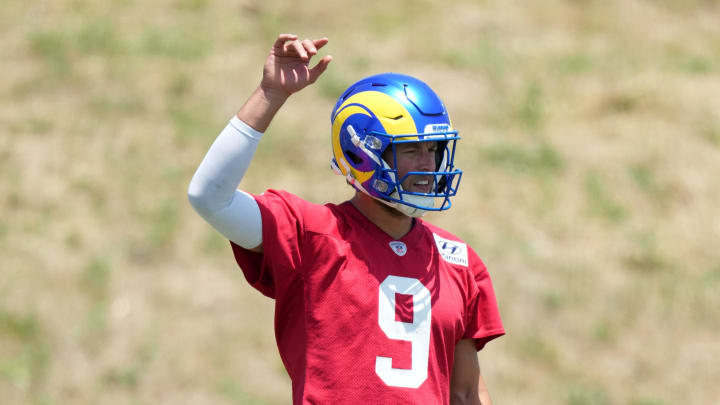 May 21, 2024, Thousand Oaks, California, USA; Los Angeles Rams quarterback Matthew Stafford (9) during organized team activities at Cal Lutheran University. Mandatory Credit: Kirby Lee-USA TODAY Sports