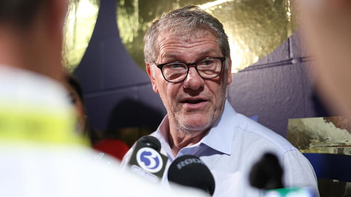 Apr 6, 2025; Tampa, FL, USA; Connecticut Huskies head coach Geno Auriemma speaks to the media after the national championship of the women's 2025 NCAA tournament against the South Carolina Gamecocks at Amalie Arena. Mandatory Credit: Nathan Ray Seebeck-Imagn Images Apr 6, 2025; Tampa, FL, USA; Connecticut Huskies head coach Geno Auriemma speaks to the media after the national championship of the women's 2025 NCAA tournament against the South Carolina Gamecocks at Amalie Arena. Mandatory Credit: Nathan Ray Seebeck-Imagn Images