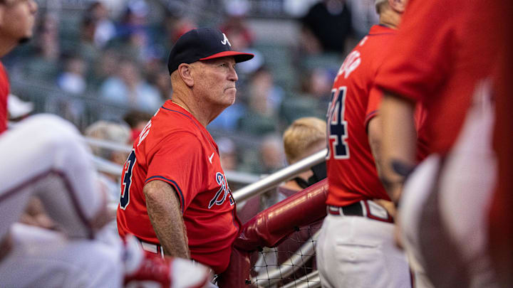Aug 23, 2024; Cumberland, Georgia, USA; Atlanta Braves manager Brian Snitker (43) in the game against Washington Nationals during the third inning at Truist Park. Mandatory Credit: Jordan Godfree-Imagn Images
