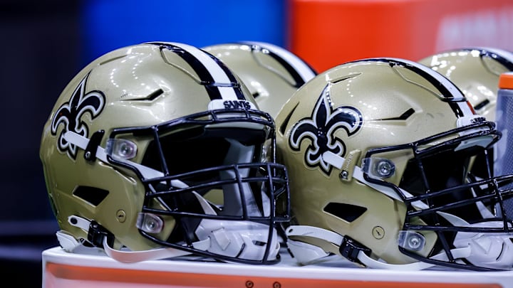 Aug 23, 2021; New Orleans, Louisiana, USA; New Orleans Saints helmets during the game between the New Orleans Saints and the Jacksonville Jaguars during the first half at Caesars Superdome. Mandatory Credit: Stephen Lew-Imagn Images Aug 23, 2021; New Orleans, Louisiana, USA; New Orleans Saints helmets during the game between the New Orleans Saints and the Jacksonville Jaguars during the first half at Caesars Superdome. Mandatory Credit: Stephen Lew-Imagn Images