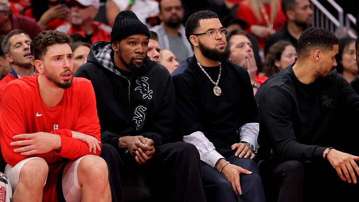 May 1, 2026; Houston, Texas, USA; Houston Rockets forward Kevin Durant (7) and Houston Rockets guard Fred VanVleet (5) sit on the bench against the Los Angeles Lakers during the third quarter of game six of the first round of the 2026 NBA Playoffs at Toyota Center. Mandatory Credit: Erik Williams-Imagn Images May 1, 2026; Houston, Texas, USA; Houston Rockets forward Kevin Durant (7) and Houston Rockets guard Fred VanVleet (5) sit on the bench against the Los Angeles Lakers during the third quarter of game six of the first round of the 2026 NBA Playoffs at Toyota Center. Mandatory Credit: Erik Williams-Imagn Images