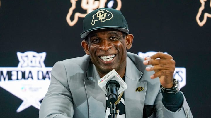 Jul 9, 2025; Frisco, TX, USA; Colorado head coach Deion Sanders speaks with the media during 2025 Big 12 Football Media Days at The Star. Mandatory Credit: Raymond Carlin III-Imagn Images Jul 9, 2025; Frisco, TX, USA; Colorado head coach Deion Sanders speaks with the media during 2025 Big 12 Football Media Days at The Star. Mandatory Credit: Raymond Carlin III-Imagn Images