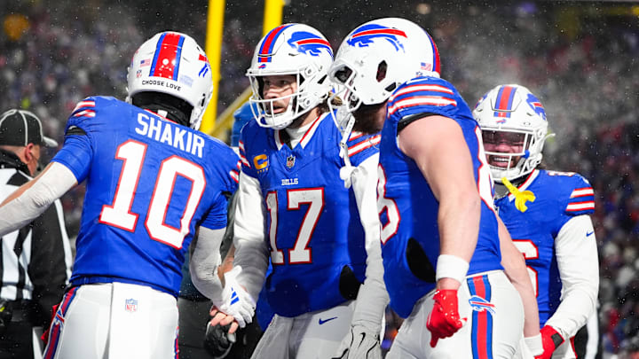 Jan 19, 2025; Orchard Park, New York, USA; Buffalo Bills quarterback Josh Allen (17) celebrates with Buffalo Bills wide receiver Khalil Shakir (10) after scoring a touchdown  during the second quarter against the Baltimore Ravens in a 2025 AFC divisional round game at Highmark Stadium. 