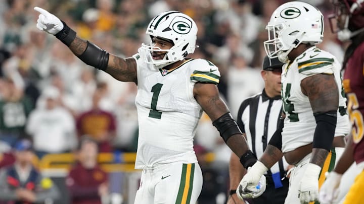 Green Bay Packers defensive end Micah Parsons reacts in the first quarter against the Washington Commanders at Lambeau Field. Green Bay Packers defensive end Micah Parsons reacts in the first quarter against the Washington Commanders at Lambeau Field.