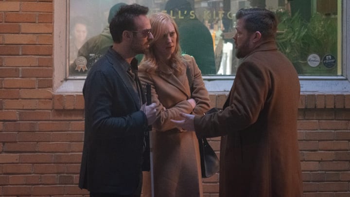 (L-R) Daredevil/Matt Murdock (Charlie Cox), Karen Page (Deborah Ann Woll), and Foggy Nelson (Elden Henson) in Marvel Television's DAREDEVIL: BORN AGAIN, exclusively on Disney+. Photo by Giovanni Rufino. © 2024 MARVEL.