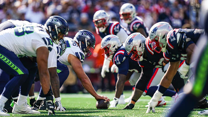 Sep 15, 2024; Foxborough, Massachusetts, USA; The New England Patriots and Seattle Seahawks line up in the second half at Gillette Stadium. Mandatory Credit: David Butler II-Imagn Images