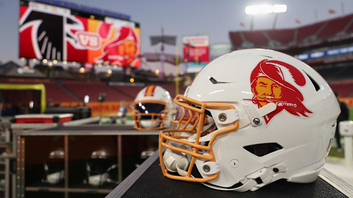 Dec 11, 2025; Tampa, Florida, USA; A general view of a Tampa Bay Buccaneers football helmet before the game against the Atlanta Falcons at Raymond James Stadium.at Raymond James Stadium. Mandatory Credit: Nathan Ray Seebeck-Imagn Images