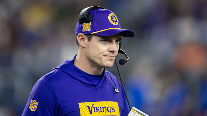 Jan 13, 2025; Glendale, AZ, USA; Minnesota Vikings head coach Kevin O'Connell against the Los Angeles Rams during an NFC wild card game at State Farm Stadium. Mandatory Credit: Mark J. Rebilas-Imagn Images