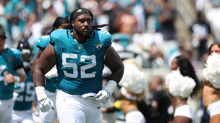 Sep 7, 2025; Jacksonville, Florida, USA; Jacksonville Jaguars defensive tackle DaVon Hamilton (52) takes the field prior to a game against the Carolina Panthers at EverBank Stadium. Mandatory Credit: Nathan Ray Seebeck-Imagn Images