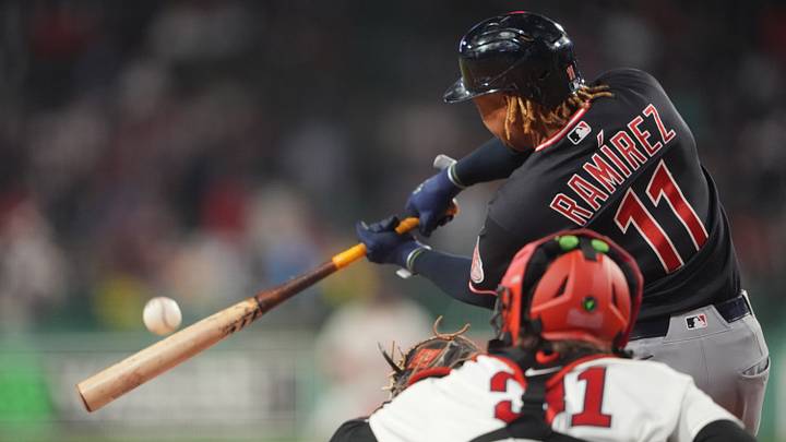 Sep 23, 2026; Boston, Massachusetts, USA; Cleveland Guardians third baseman Jose Ramirez (11) hits a fly ball against the Boston Red Sox during the first inning at Fenway Park. Mandatory Credit: Gregory Fisher-Imagn Images Sep 23, 2026; Boston, Massachusetts, USA; Cleveland Guardians third baseman Jose Ramirez (11) hits a fly ball against the Boston Red Sox during the first inning at Fenway Park. Mandatory Credit: Gregory Fisher-Imagn Images