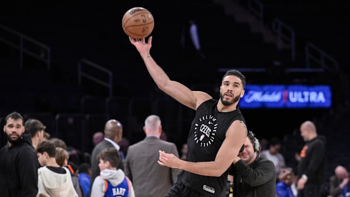 Apr 8, 2025; New York, New York, USA; Boston Celtics forward Jayson Tatum (0) warms up before a game against the New York Knicks at Madison Square Garden. Mandatory Credit: John Jones-Imagn Images