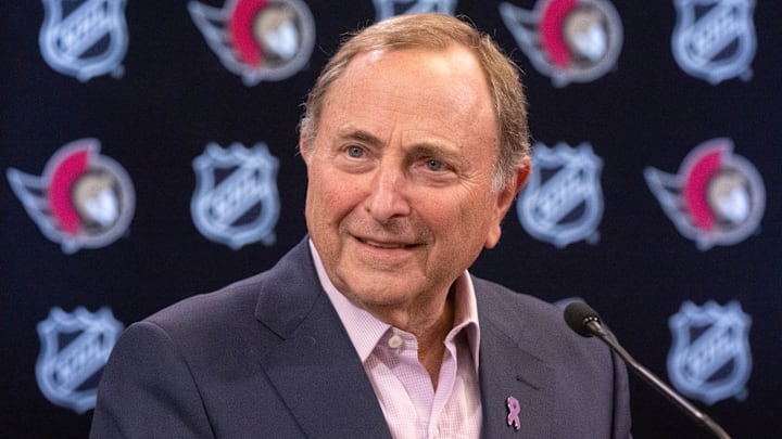 Nov 19, 2024; Ottawa, Ontario, CAN; NHL commissioner Gary Bettman speaks to the media prior to game between the Edmonton Oilers and the Ottawa Senators at the Canadian Tire Centre. Mandatory Credit: Marc DesRosiers-Imagn Images Nov 19, 2024; Ottawa, Ontario, CAN; NHL commissioner Gary Bettman speaks to the media prior to game between the Edmonton Oilers and the Ottawa Senators at the Canadian Tire Centre. Mandatory Credit: Marc DesRosiers-Imagn Images