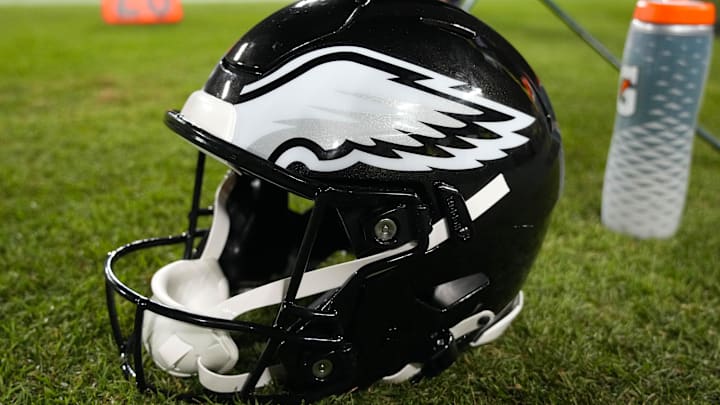 Nov 10, 2025; Green Bay, Wisconsin, USA;  General view of an Philadelphia Eagles helmet during the game against the Green Bay Packers at Lambeau Field. Mandatory Credit: Jeff Hanisch-Imagn Images