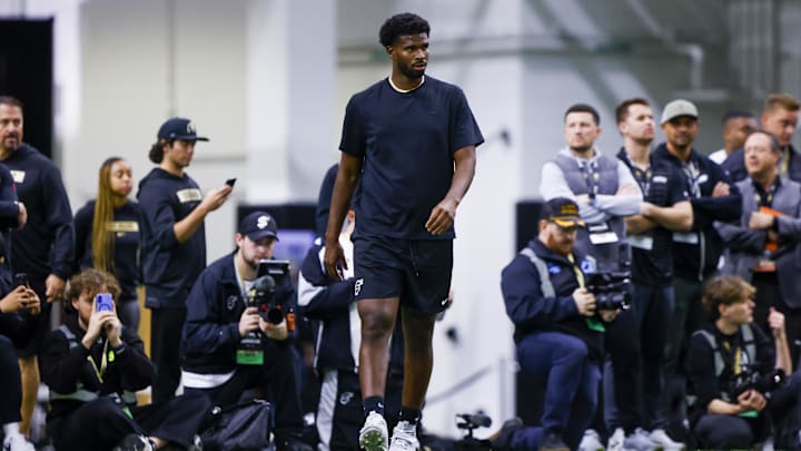 Apr 4, 2025; Boulder, CO, USA; Colorado Buffaloes quarterback Shedeur Sanders (2) runs drills at the University of Colorado NFL Showcase at the CU Indoor Practice Facility. Mandatory Credit: Michael Ciaglo-Imagn Images