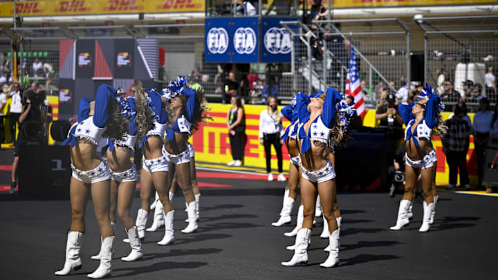 Oct 20, 2024; Austin, Texas, USA; The Dallas Cowboys cheerleaders perform before the start of the 2024 Formula One US Grand Prix at Circuit of the Americas. 