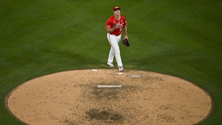 May 23, 2025; St. Louis, Missouri, USA;  St. Louis Cardinals relief pitcher Ryan Helsley (56) reacts after the Cardinals defeated the Arizona Diamondbacks at Busch Stadium. Mandatory Credit: Jeff Curry-Imagn Images
