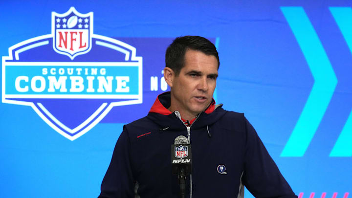 Feb 27, 2024; Indianapolis, IN, USA; New York Giants general manager Joe Schoen speaks during a