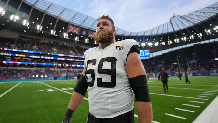 Oct 8, 2023; London United Kingdom, Jacksonville Jaguars center Tyler Shatley (69) leaves the field