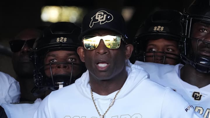 Oct 28, 2023; Pasadena, California, USA; Colorado Buffaloes head coach Deion Sanders enters the field before the game against the UCLA Bruins at Rose Bowl. UCLA defeated Colorado 28-16. Oct 28, 2023; Pasadena, California, USA; Colorado Buffaloes head coach Deion Sanders enters the field before the game against the UCLA Bruins at Rose Bowl. UCLA defeated Colorado 28-16.