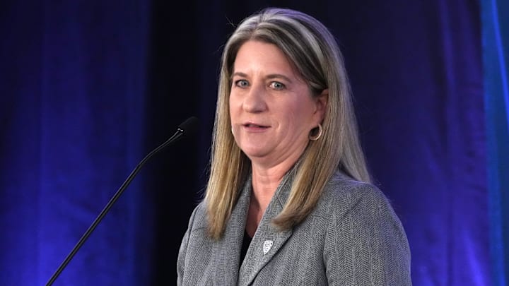 Oct 25, 2022; San Francisco, CA, USA; Commissioner Teresa Gould speaks during Pac-12 Women's Basketball Media Day at the Pac-12 Network Studios. Mandatory Credit: Kirby Lee-Imagn Images Oct 25, 2022; San Francisco, CA, USA; Commissioner Teresa Gould speaks during Pac-12 Women's Basketball Media Day at the Pac-12 Network Studios. Mandatory Credit: Kirby Lee-Imagn Images
