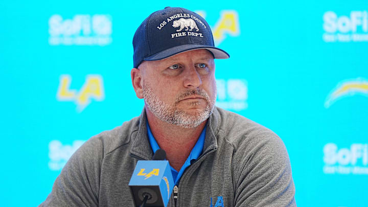 Jan 15, 2025; El Segundo, CA, USA; Los Angeles Chargers general manager Joe Hortiz at a press conference at The Bolt. Mandatory Credit: Kirby Lee-Imagn Images