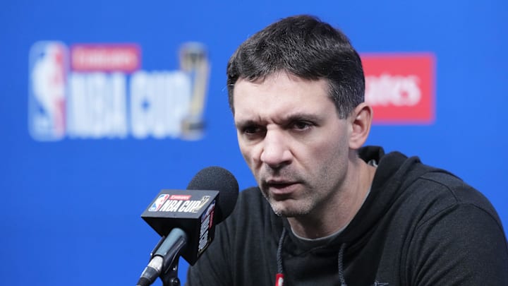 Dec 12, 2025; Las Vegas, NV, USA; Oklahoma City Thunder head coach Mark Daigneault at press conference prior to the Emirates Cup semifinals at T-Mobile Arena. Mandatory Credit: Kirby Lee-Imagn Images