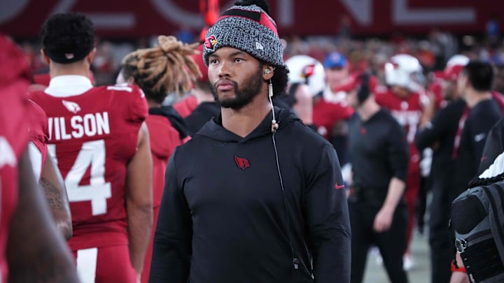 Aug 11, 2023; Glendale, Arizona, USA; Arizona Cardinals quarterback Kyler Murray (1) looks on