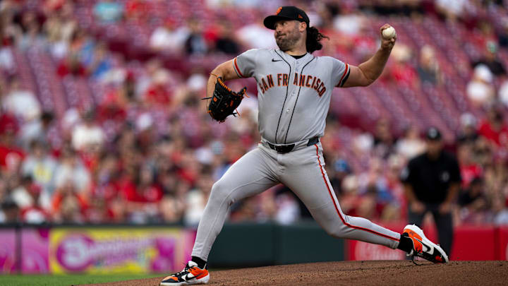 San Francisco Giants pitcher Robbie Ray (38) pitches in the first inning between the Cincinnati Reds and the San Francisco Giants at Great American Ball in Cincinnati on Tuesday, April 14, 2026.