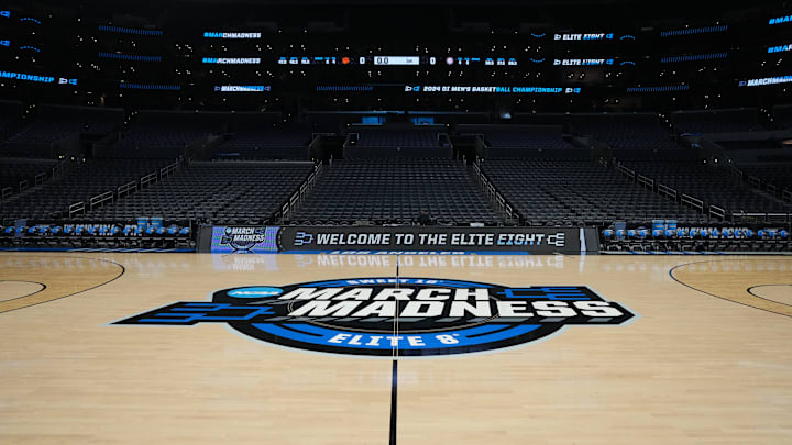 Mar 30, 2024; Los Angeles, CA, USA; The NCAA March Madness Sweet 16 and Elite Eight logo at midcourt before the game between the Clemson Tigers and the Alabama Crimson Tide in the finals of the West Regional of the 2024 NCAA Tournament at Crypto.com Arena. Mar 30, 2024; Los Angeles, CA, USA; The NCAA March Madness Sweet 16 and Elite Eight logo at midcourt before the game between the Clemson Tigers and the Alabama Crimson Tide in the finals of the West Regional of the 2024 NCAA Tournament at Crypto.com Arena.