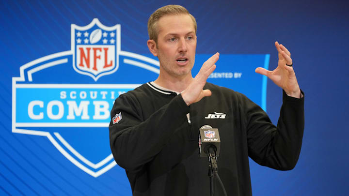 Feb 25, 2025; Indianapolis, IN, USA; New York Jets general manager Darren Mougey speaks during the NFL Scouting Combine at the Indiana Convention Center. Mandatory Credit: Kirby Lee-Imagn Images