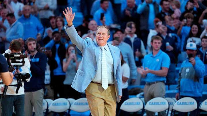 Dec 14, 2024; Chapel Hill, North Carolina, USA; North Carolina Tar Heels head football coach Bill Belichick is introduced during half time at Dean E. Smith Center. Mandatory Credit: Bob Donnan-Imagn Images