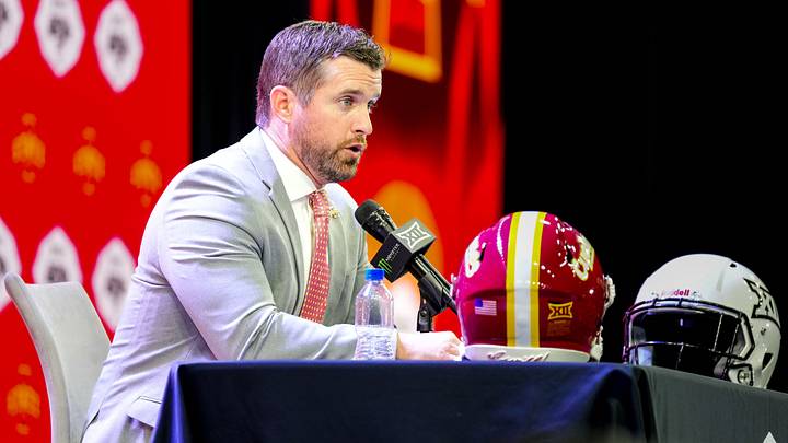 Jul 8, 2026; Frisco, TX, USA;  Iowa State head coach Jimmy Rogers speaks to reporters during Big 12 Conference Football Media Days at The Star. Mandatory Credit: Raymond Carlin III-Imagn Images