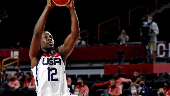 Aug 7, 2021; Saitama, Japan; United States guard Jrue Holiday (12) dunks the ball against France in the men's basketball gold medal game during the Tokyo 2020 Olympic Summer Games at Saitama Super Arena. Mandatory Credit: Geoff Burke-USA TODAY Sports Aug 7, 2021; Saitama, Japan; United States guard Jrue Holiday (12) dunks the ball against France in the men's basketball gold medal game during the Tokyo 2020 Olympic Summer Games at Saitama Super Arena. Mandatory Credit: Geoff Burke-USA TODAY Sports