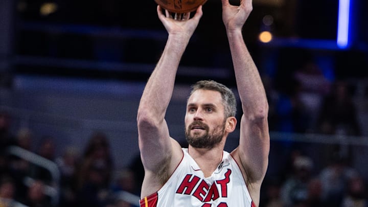 Nov 15, 2024; Indianapolis, Indiana, USA; Miami Heat forward Kevin Love (42) shoots the ball in the second half against the Indiana Pacers at Gainbridge Fieldhouse. Mandatory Credit: Trevor Ruszkowski-Imagn Images