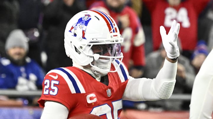 New England Patriots cornerback Marcus Jones (25) celebrates after returning a punt for a touchdown. New England Patriots cornerback Marcus Jones (25) celebrates after returning a punt for a touchdown.