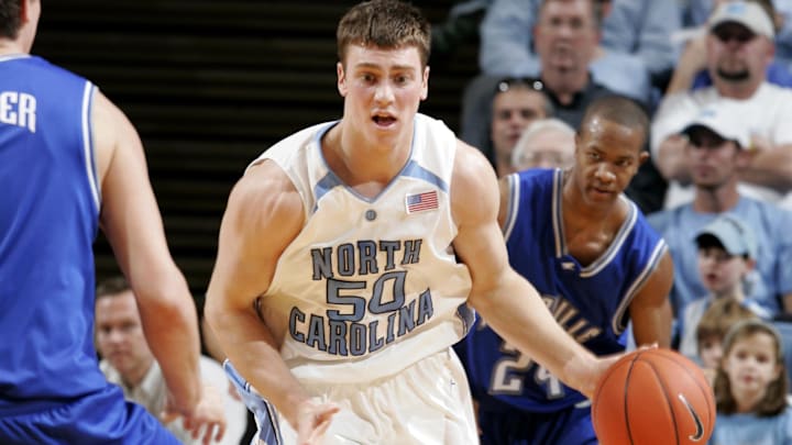 Dec 16, 2006, Chapel Hill, NC, USA; North Carolina Tar Heels (50) Tyler Hansbrough brings the balls up court as UNC Asheville Bulldogs (1) Brett Warner and (24) Vincent James defend in the Tar Heels 93-62 win against the Bulldogs at the Dean E. Smith Center in Chapel Hill, NC. Mandatory Credit: Bob Donnan-Imagn Images Copyright © 2006 Bob Donnan