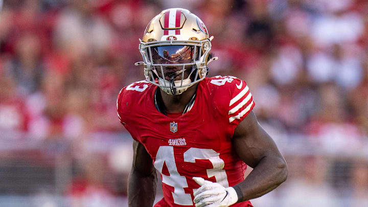 August 18, 2024; Santa Clara, California, USA; San Francisco 49ers safety Malik Mustapha (43) during the third quarter against the New Orleans Saints at Levi's Stadium. Mandatory Credit: Kyle Terada-Imagn Images