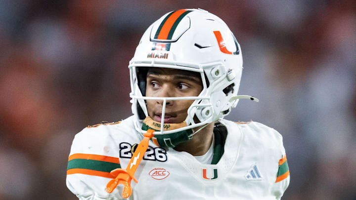 Jan 19, 2026; Miami Gardens, FL, USA; Miami Hurricanes defensive back Jakobe Thomas (8) against the Indiana Hoosiers during the College Football Playoff National Championship game at Hard Rock Stadium. Mandatory Credit: Mark J. Rebilas-Imagn Images Jan 19, 2026; Miami Gardens, FL, USA; Miami Hurricanes defensive back Jakobe Thomas (8) against the Indiana Hoosiers during the College Football Playoff National Championship game at Hard Rock Stadium. Mandatory Credit: Mark J. Rebilas-Imagn Images