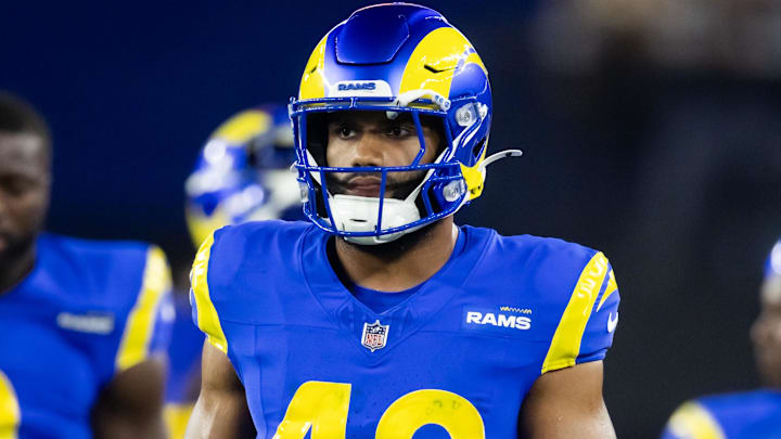Jan 13, 2025; Glendale, AZ, USA; Los Angeles Rams linebacker Omar Speights (48) against the Minnesota Vikings during an NFC wild card game at State Farm Stadium. Mandatory Credit: Mark J. Rebilas-Imagn Images