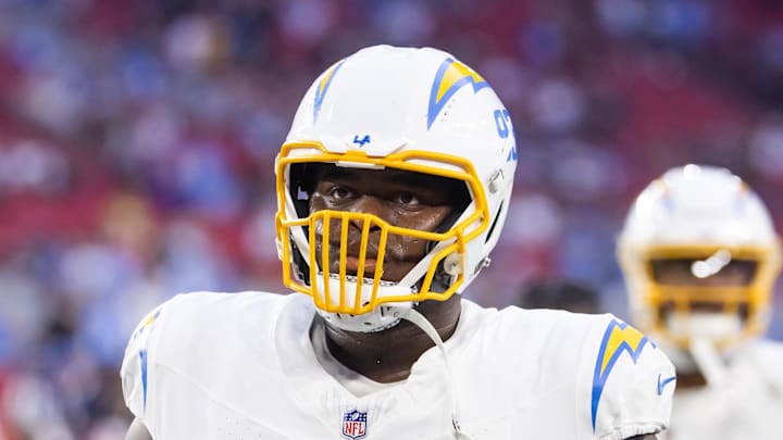 Oct 21, 2024; Glendale, Arizona, USA; Los Angeles Chargers defensive tackle Otito Ogbonnia (93) against the Arizona Cardinals at State Farm Stadium. Mandatory Credit: Mark J. Rebilas-Imagn Images