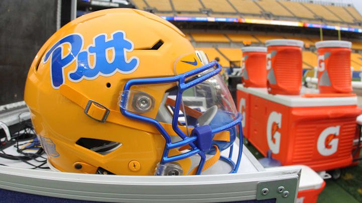 Nov 16, 2024; Pittsburgh, Pennsylvania, USA;  A Pittsburgh Panthers helmet on the sidelines against the Clemson Tigers at Acrisure Stadium. Mandatory Credit: Charles LeClaire-Imagn Images