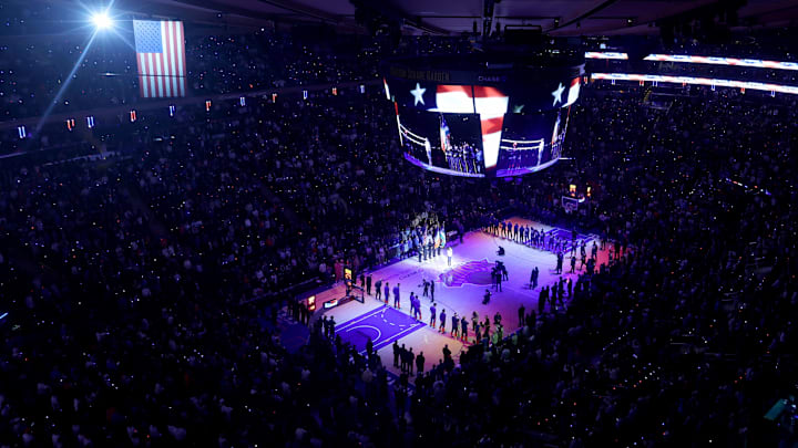 Apr 21, 2025; New York, New York, USA; General view of Madison Square Garden during the national anthem before game two of the first round of the 2024 NBA Playoffs between the New York Knicks and the Detroit Pistons. Mandatory Credit: Brad Penner-Imagn Images