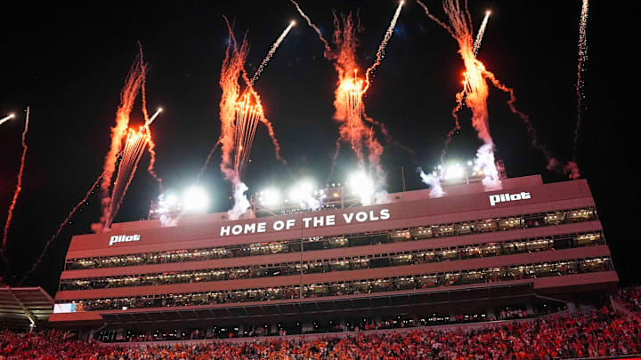 Fireworks go off after a college football game between Tennessee and Arkansas at Neyland Stadium in Knoxville, Tenn., on Oct. 11, 2025.